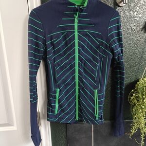 Navy and Green Striped Zip-Up Jacket